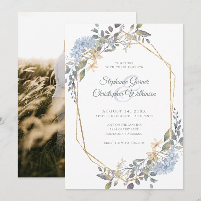 Invitation Mariage photo couleur or géométrique bleu bleu ble (Devant / Derrière)