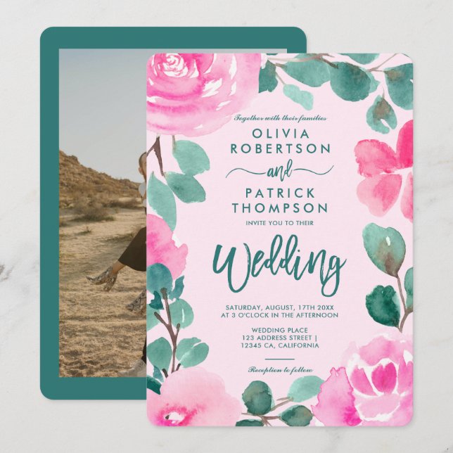 Invitation Mariage photo couleur vert rose gras (Devant / Derrière)