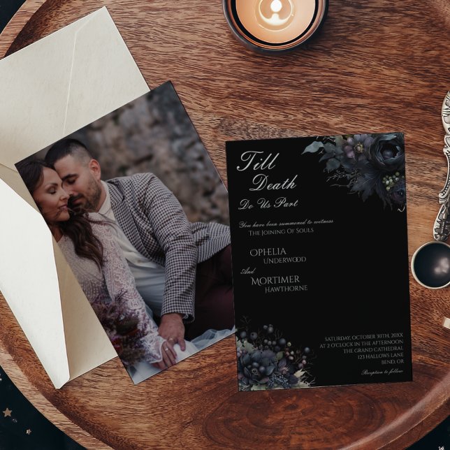 Invitation Mariage photo Dark Gothic Floral Black Till Death (Créateur téléchargé)