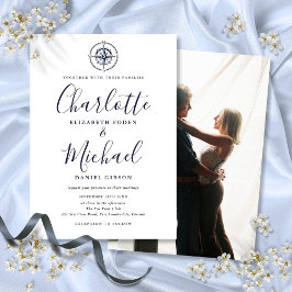 Invitation Mariage photo de boussole marine bleu Script nauti