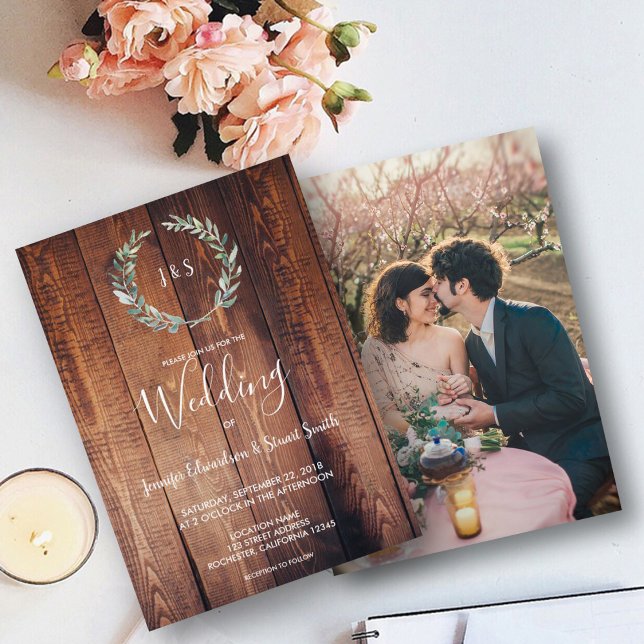 Invitation Mariage photo de couleur d'eau rustique feuille mo (Créateur téléchargé)