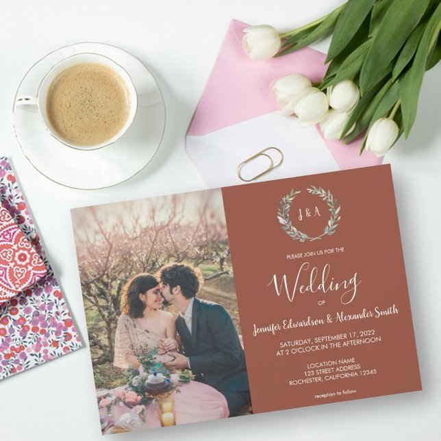 Invitation Mariage photo de couleur d'eau rustique feuille mo (Créateur téléchargé)