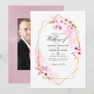 Invitation Mariage Photo de Fleur de Cerisier Rose Géométriqu