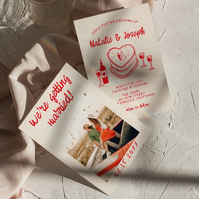Invitation Mariage photo de gâteau rouge Quirky tiré à la mai (Créateur téléchargé)