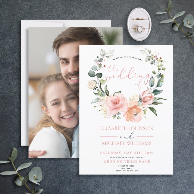 Invitation Mariage photo de la couronne de fleurs rose foncé  (Créateur téléchargé)