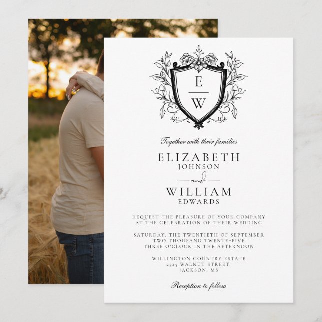 Invitation Mariage photo de la crête noire et blanche (Devant / Derrière)