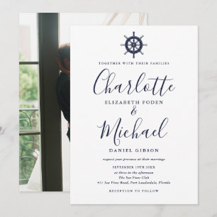 Invitation Mariage photo de la flotte Bleu Script Nautique Ba