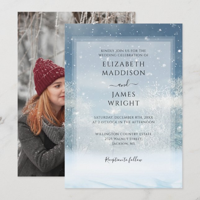 Invitation Mariage photo de la forêt de neige d'hiver (Devant / Derrière)