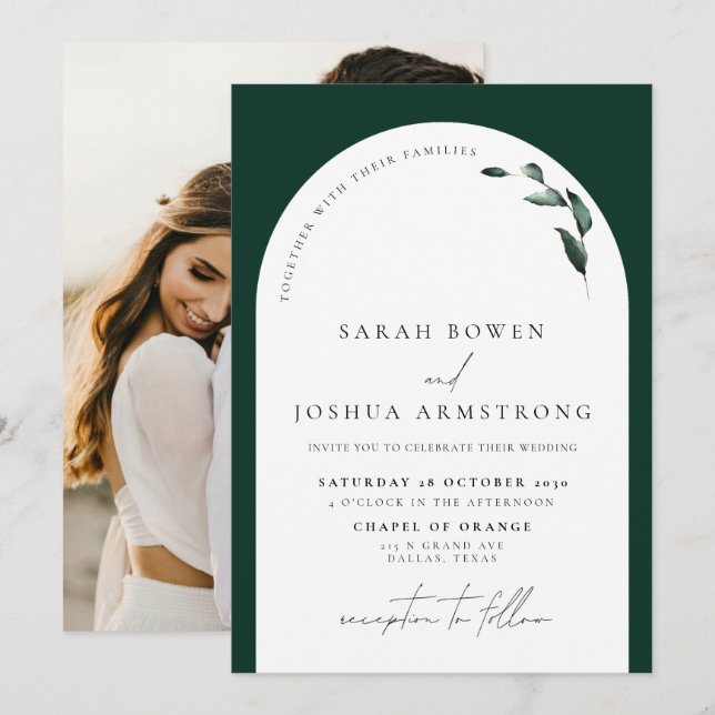 Invitation Mariage photo de l'arc vert d'émeraude moderne (Devant / Derrière)