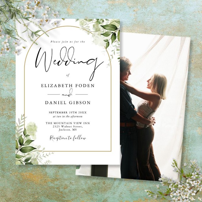 Invitation Mariage photo de l'élégante Arche d'or rustique (Rustic Greenery Elegant Gold Arch Photo Wedding Invitation)