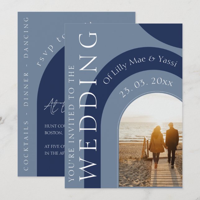 Invitation Mariage photo de marine moderne et d'arc bleu Dust (Devant / Derrière)