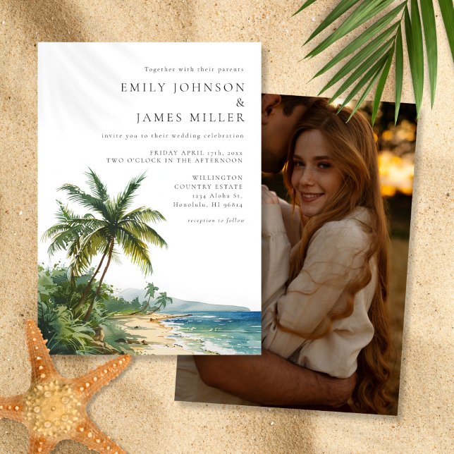 Invitation Mariage photo de plage tropicale à l'aquarelle mod (Modern Watercolor Tropical Beach Photo Wedding Invitation)