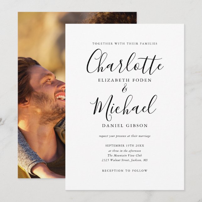 Invitation Mariage photo de script de signature noir et blanc (Devant / Derrière)