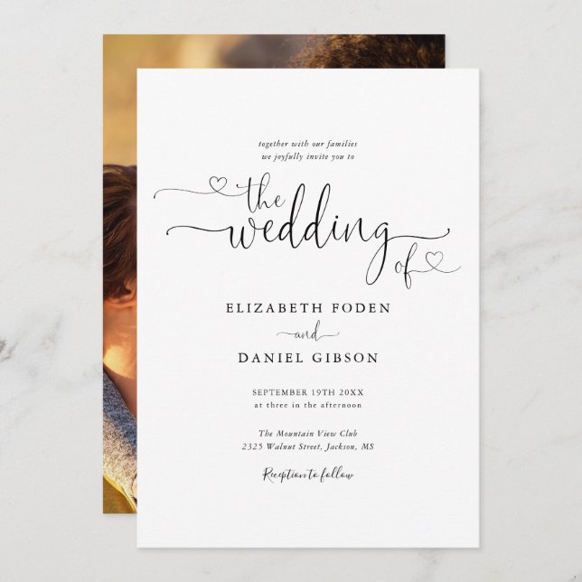 Invitation Mariage photo de script des Coeurs noir et blanc m (Devant / Derrière)