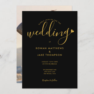 Invitation Mariage photo de script élégant Black and Gold Hea