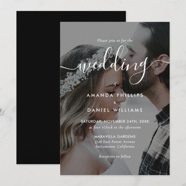 Invitation Mariage photo de script élégant noir et blanc (Devant / Derrière)