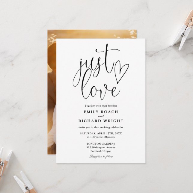 Invitation Mariage Photo De Script Just Love En Noir Et Blanc (Devant/Arrière en situation)