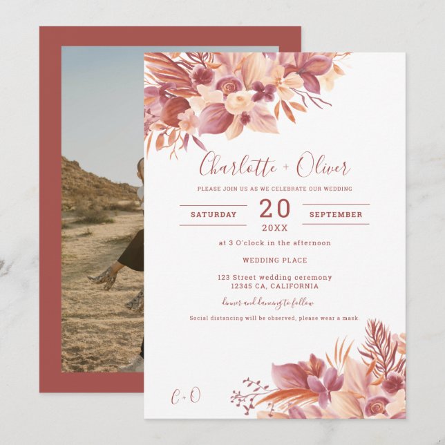 Invitation Mariage photo désert floral terracotta boho pampas (Devant / Derrière)