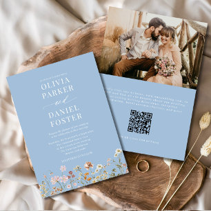 Invitation Mariage photo Dusty Blue Boho Fleur sauvage QR Cod