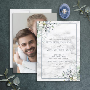 Invitation Mariage photo Dusty Blue Botanical Greenery Marble