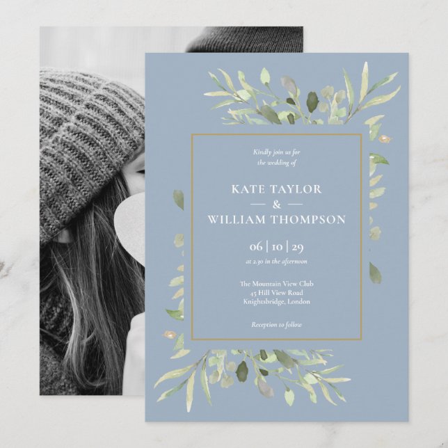 Invitation Mariage photo Dusty Blue Green Foliage (Devant / Derrière)