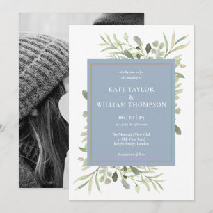 Invitation Mariage photo Dusty Blue Greenery Foliage