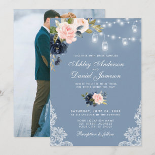 Invitation Mariage photo Dusty Blue Rose Floral Lights
