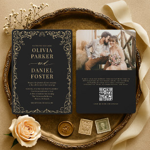 Invitation Mariage photo élégant avec QR Code noir et or