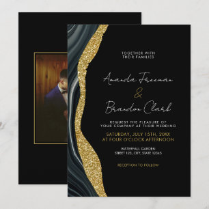 Invitation Mariage photo élégant en marbre noir et or