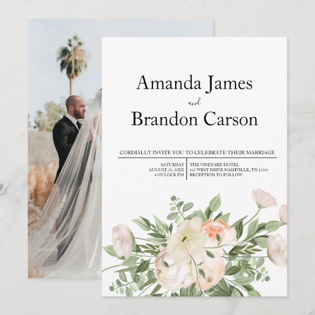 Invitation Mariage photo Elegant Pink Peony (Devant / Derrière)