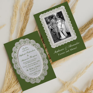 Invitation Mariage Photo Élégant Vert Olive Broderie Anglaise