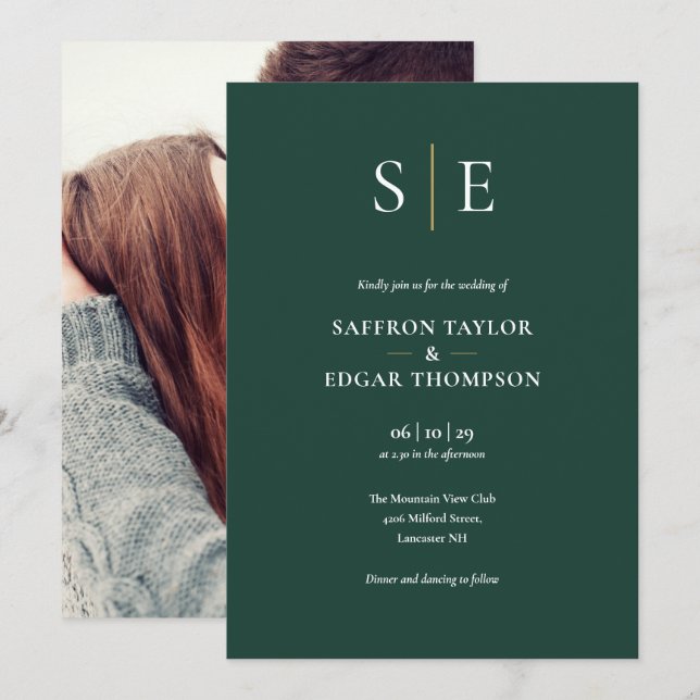 Invitation Mariage photo Emerald Green Et Gold Monogram (Devant / Derrière)