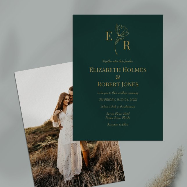 Invitation Mariage photo Emerald Green Floral (Emerald Green Floral Monogram Photo Wedding Invitation on a table.)