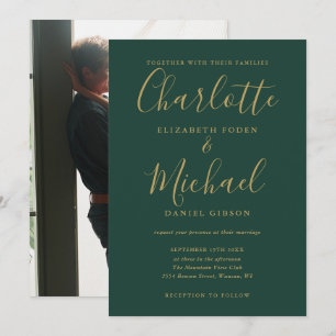 Invitation Mariage photo Emerald Green Gold Script