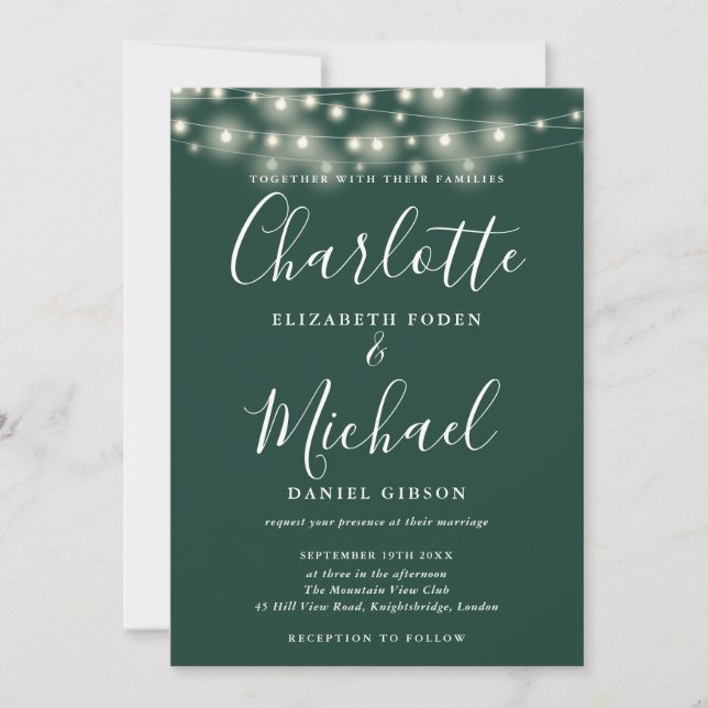 Invitation Mariage photo Emerald Green String Lights Script (Devant)