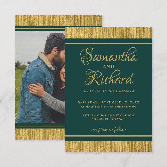 Invitation Mariage photo Émeraude Vert et Or Classé (Devant / Derrière)