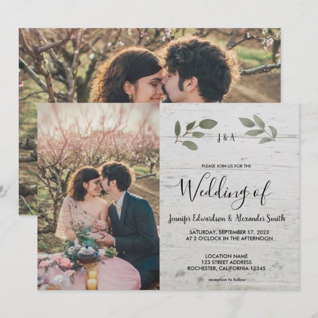 Invitation Mariage photo en bois rustique botanique (Devant / Derrière)
