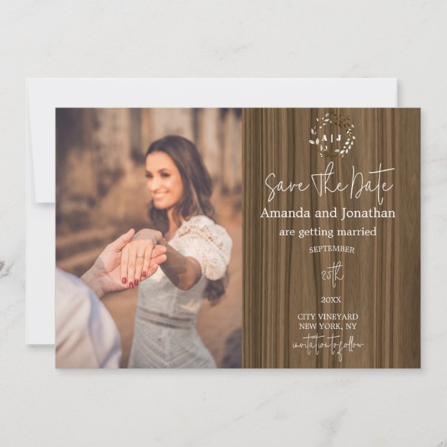 Invitation Mariage photo en bois rustique Enregistrer la cart (Devant)