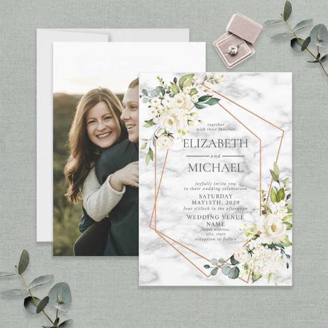 Invitation Mariage photo en cuivre marbre géométrique blanc (Créateur téléchargé)