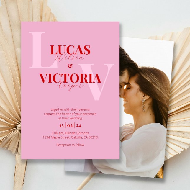 Invitation Mariage photo en gras rose et rouge (Créateur téléchargé)
