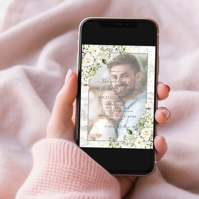 Invitation Mariage photo en marbre d'or gris clair (Créateur téléchargé)