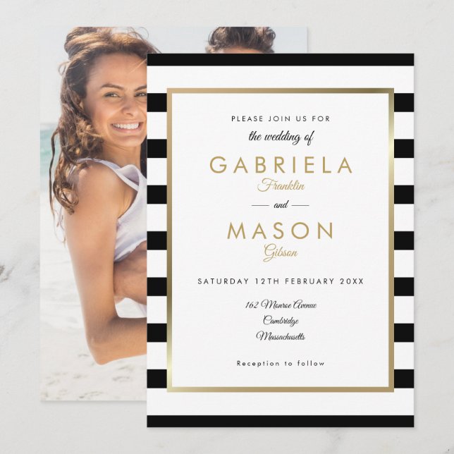 Invitation Mariage photo en or noir et blanc (Devant / Derrière)