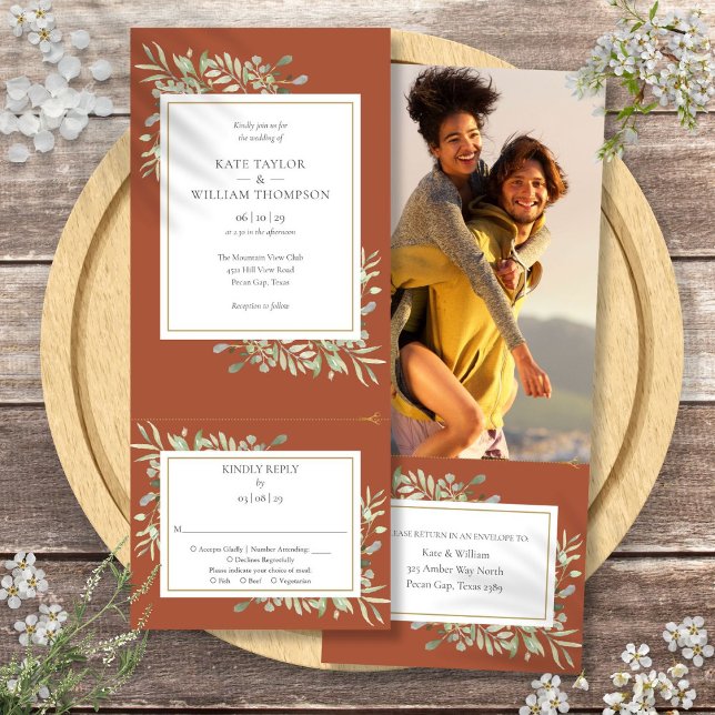 Invitation Mariage photo en terre cuite (Terracotta Greenery All In One Photo Wedding Invitation)