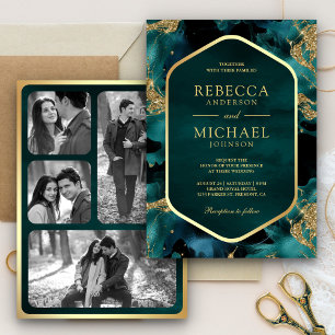 Invitation Mariage Photo Encre Fluide Abstraite Or Sarcelle