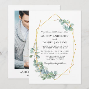 Invitation Mariage photo Eucalyptus Green Gold Frame