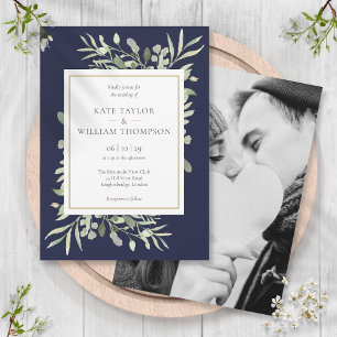 Invitation Mariage photo Feuille Navy Blue Greenery