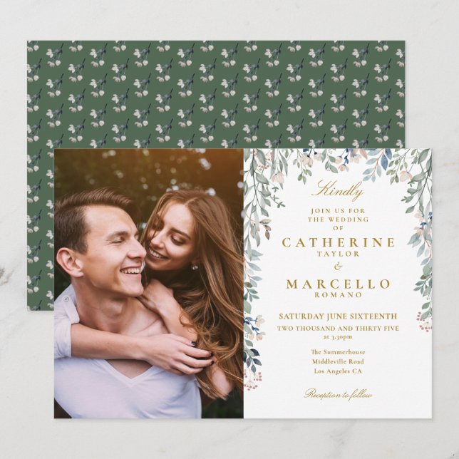Invitation Mariage photo Fleurs sauvages floraux vertes (Devant / Derrière)