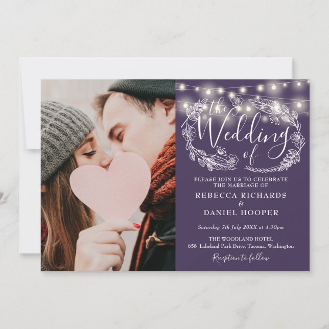 Invitation Mariage photo floral à cordes violettes (Devant)