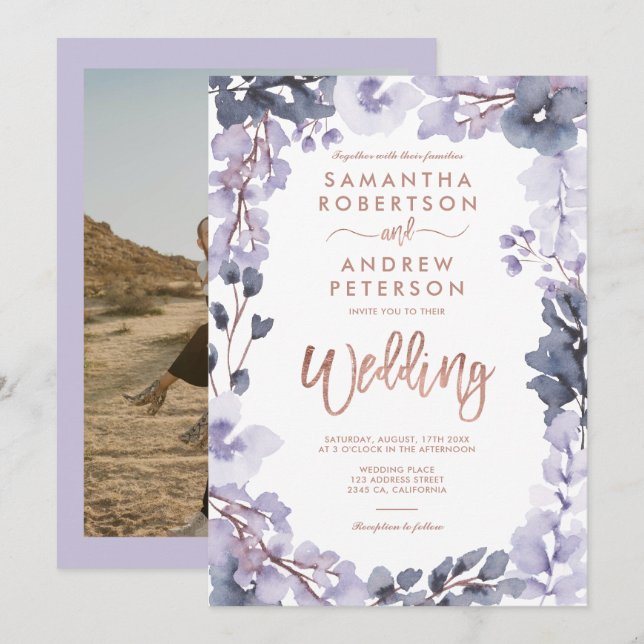 Invitation Mariage photo Floral aquarelle lavande poussiéreus (Devant / Derrière)