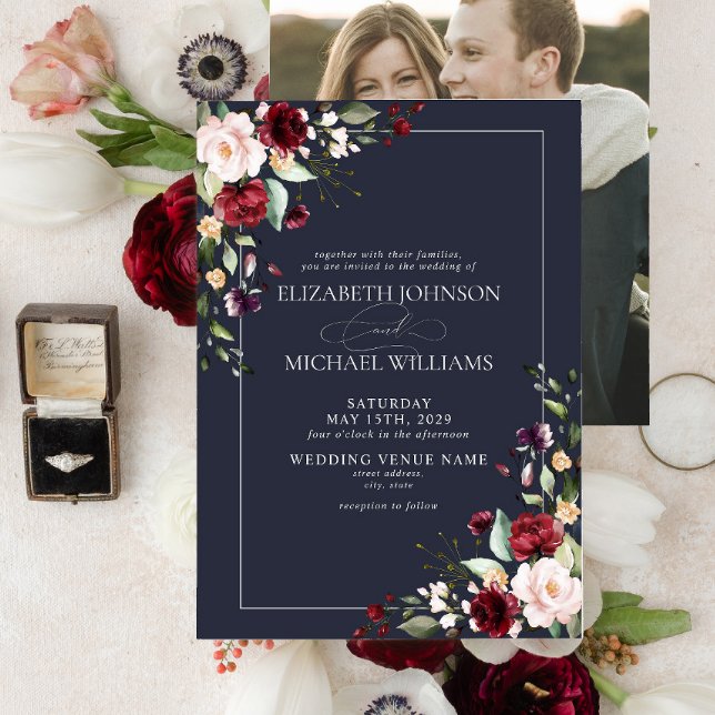 Invitation Mariage photo floral bleu bleu bordeaux bleu marin (Créateur téléchargé)